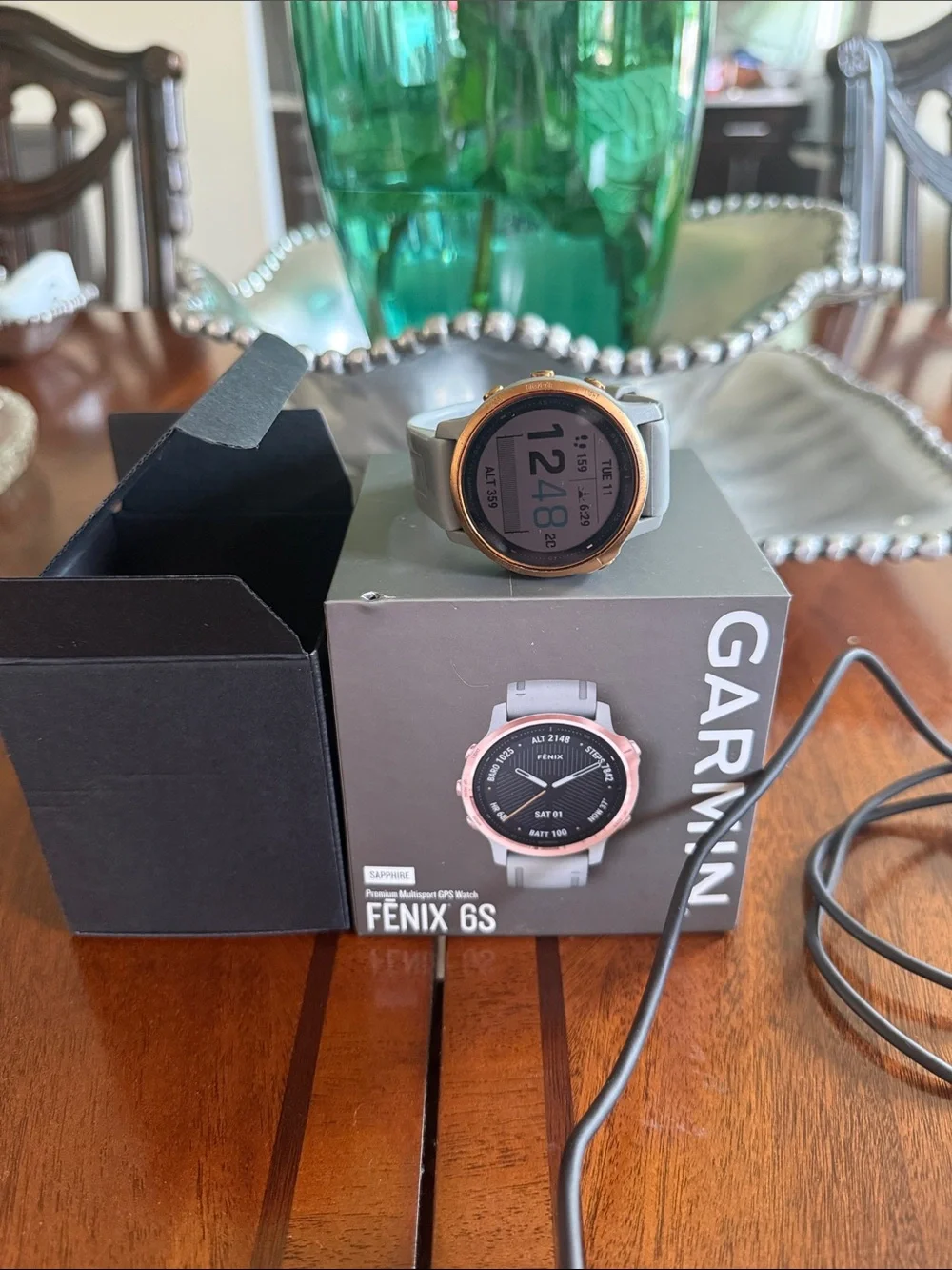 garmin Fenix 6S smartwatch blue/grey band with rose gold bezel